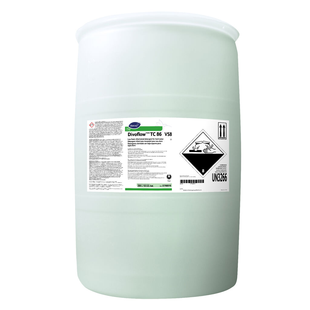 Divoflow TC86 VS8, 55gal - Low foam chlorinated detergent for hard